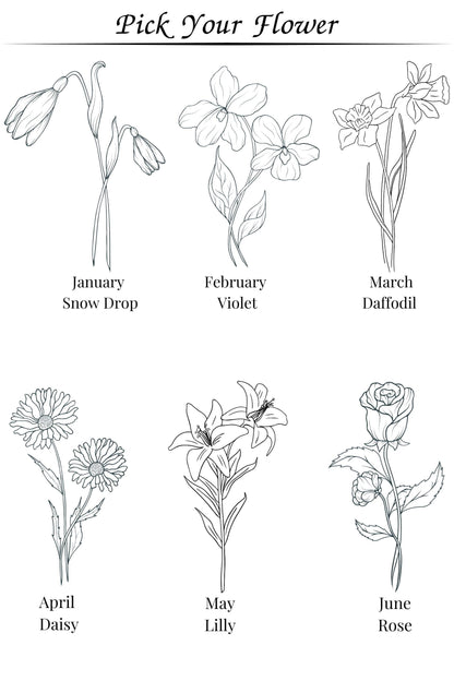 Choose your favorite birth month flower for a unique, customizable design; a thoughtful custom gift for her to treasure always.