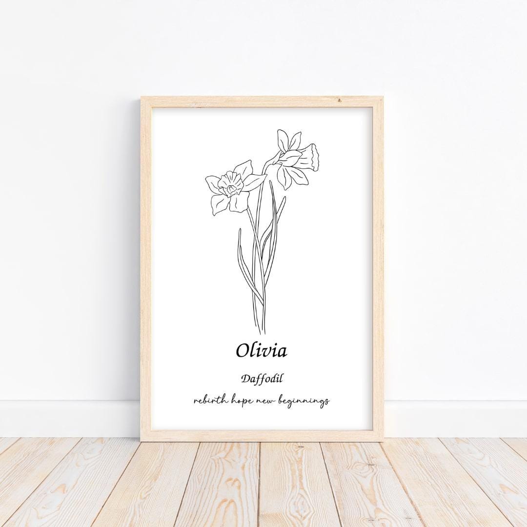 Minimalist daffodil birth flower print with personalized name integration and symbolic words. Perfect mom birth flower decor or gift.