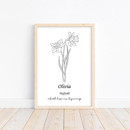 Minimalist daffodil birth flower print with personalized name integration and symbolic words. Perfect mom birth flower decor or gift.