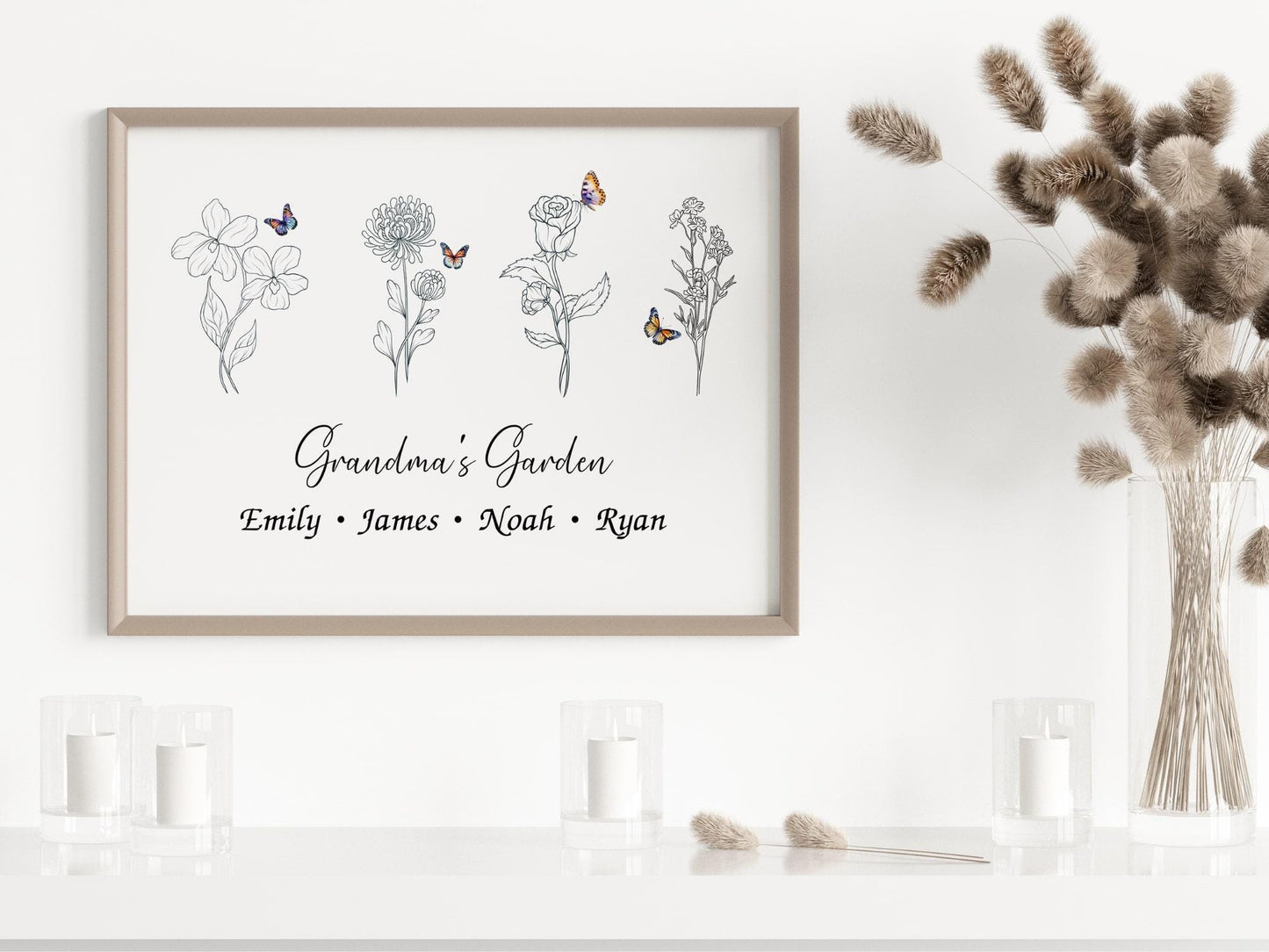 Personalized family flower art with minimalist floral designs and names elegantly displayed, creating a heartwarming grandma gift.