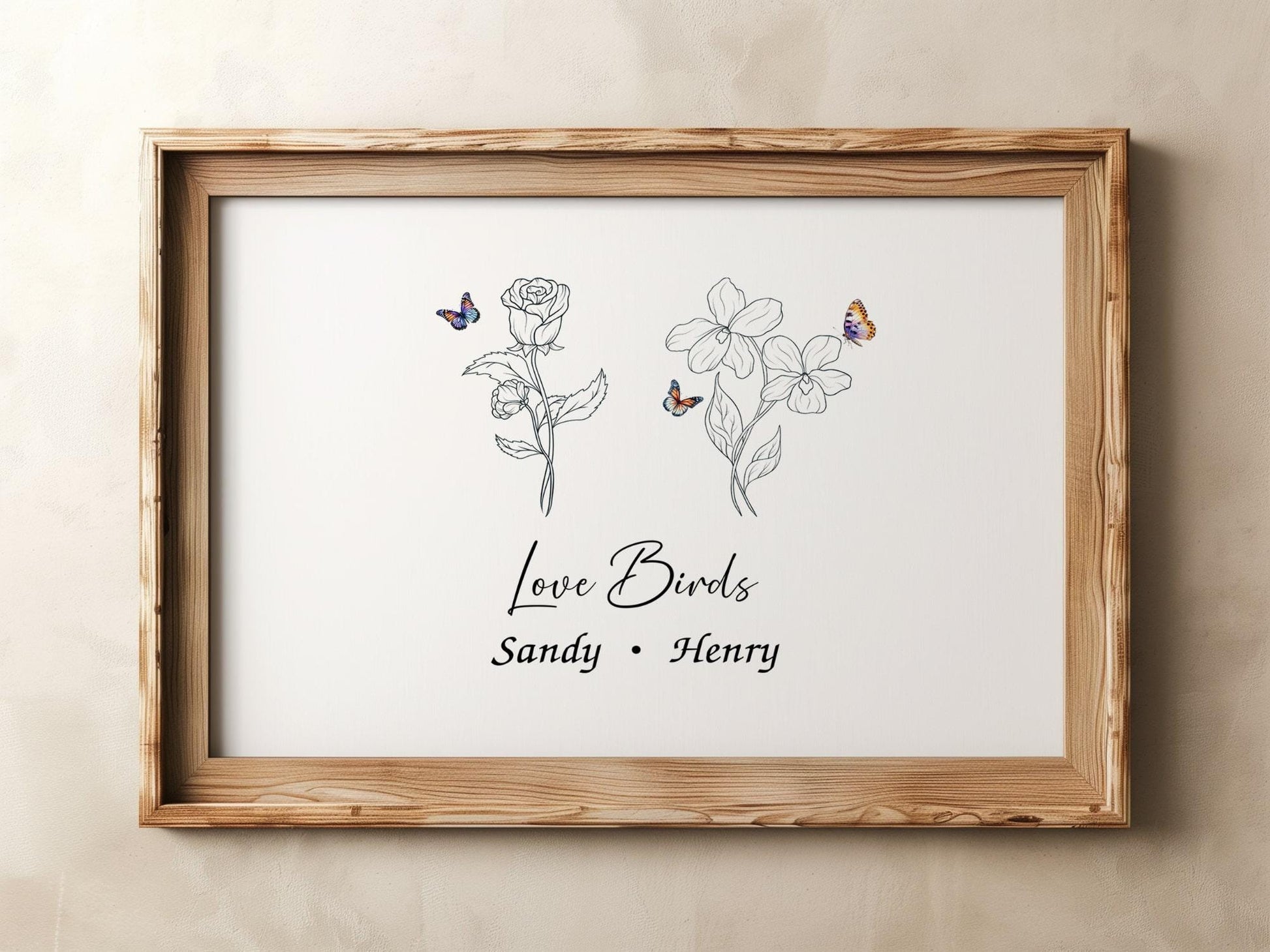 Family birth month flower poster with detailed flower sketches, vibrant butterflies, and personalized names, an ideal grandma gift.