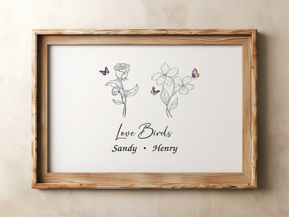 Family birth month flower poster with detailed flower sketches, vibrant butterflies, and personalized names, an ideal grandma gift.