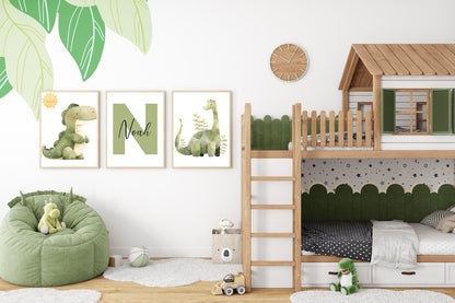 Custom dinosaur wall art with charming watercolor dinosaurs and a personalized baby name. Perfect for a boys&#39; dinosaur nursery or as a baby shower gift.