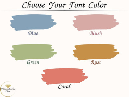 Color palette options for custom nursery name prints including blue, blush, green, rust, and coral. Ideal for matching personalized baby name signs to nursery themes.