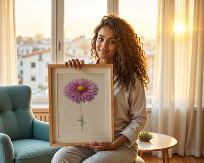 A vibrant purple daisy flower artwork framed and displayed near a window, perfect as a flower name sign for personalized home decor.