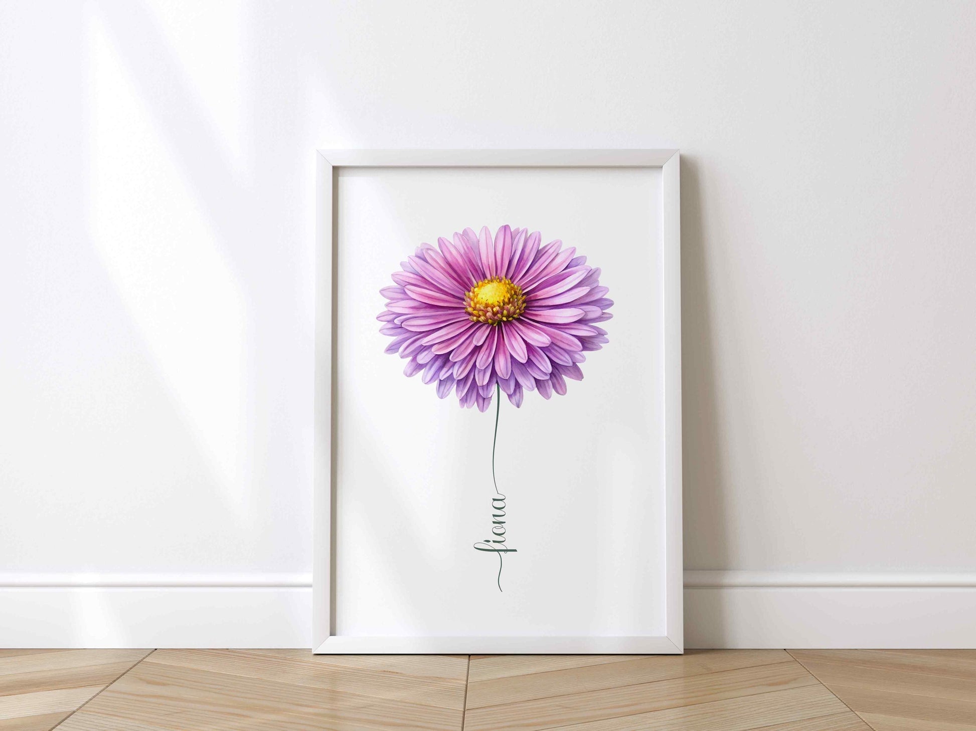 A purple daisy flower art print in an ornate frame, showcasing elegance and style for personalized flower name sign decor.