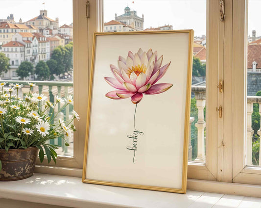 A vibrant pink lotus flower artwork elegantly displayed by a person, showcasing a unique personalized flower name sign for home decor.