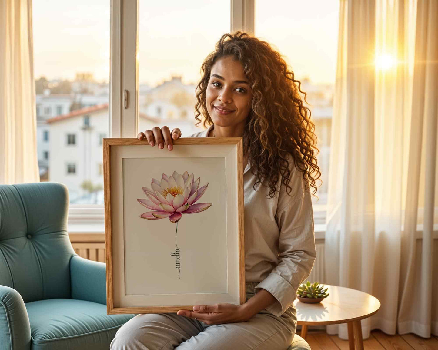 A framed lotus flower name sign with soft pink petals, adding charm and a personal touch to an ornate vintage-style setting.