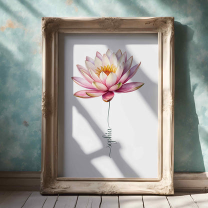 A minimalist white frame featuring a detailed lotus flower name sign with a clean and modern aesthetic.