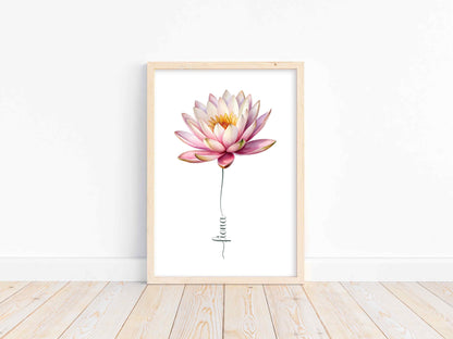 A wooden frame showcasing a beautiful lotus flower name sign against a bright wooden floor, blending nature with personalization.