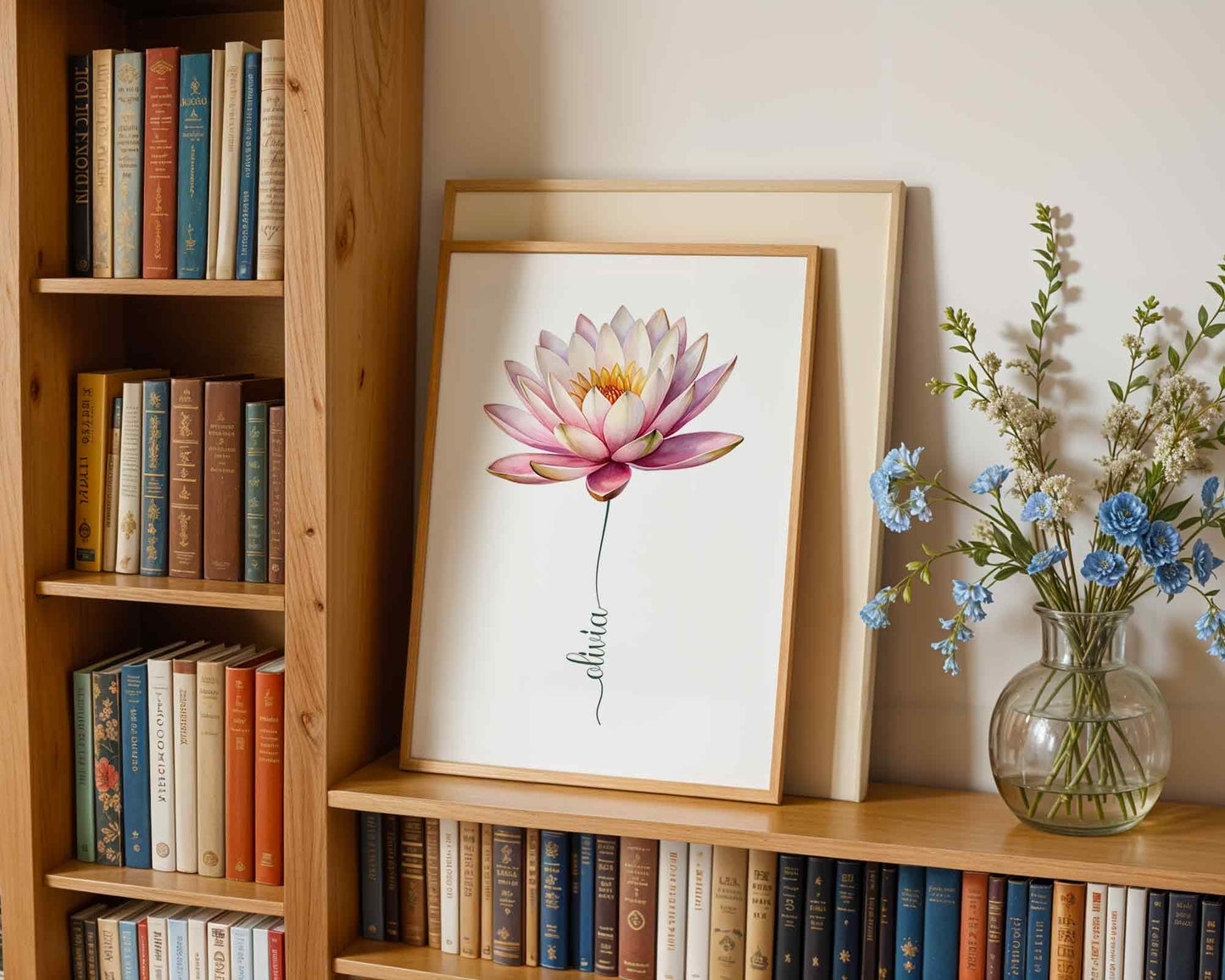 A lotus flower name sign set on a wooden bookshelf, offering a creative and elegant touch to home interiors.