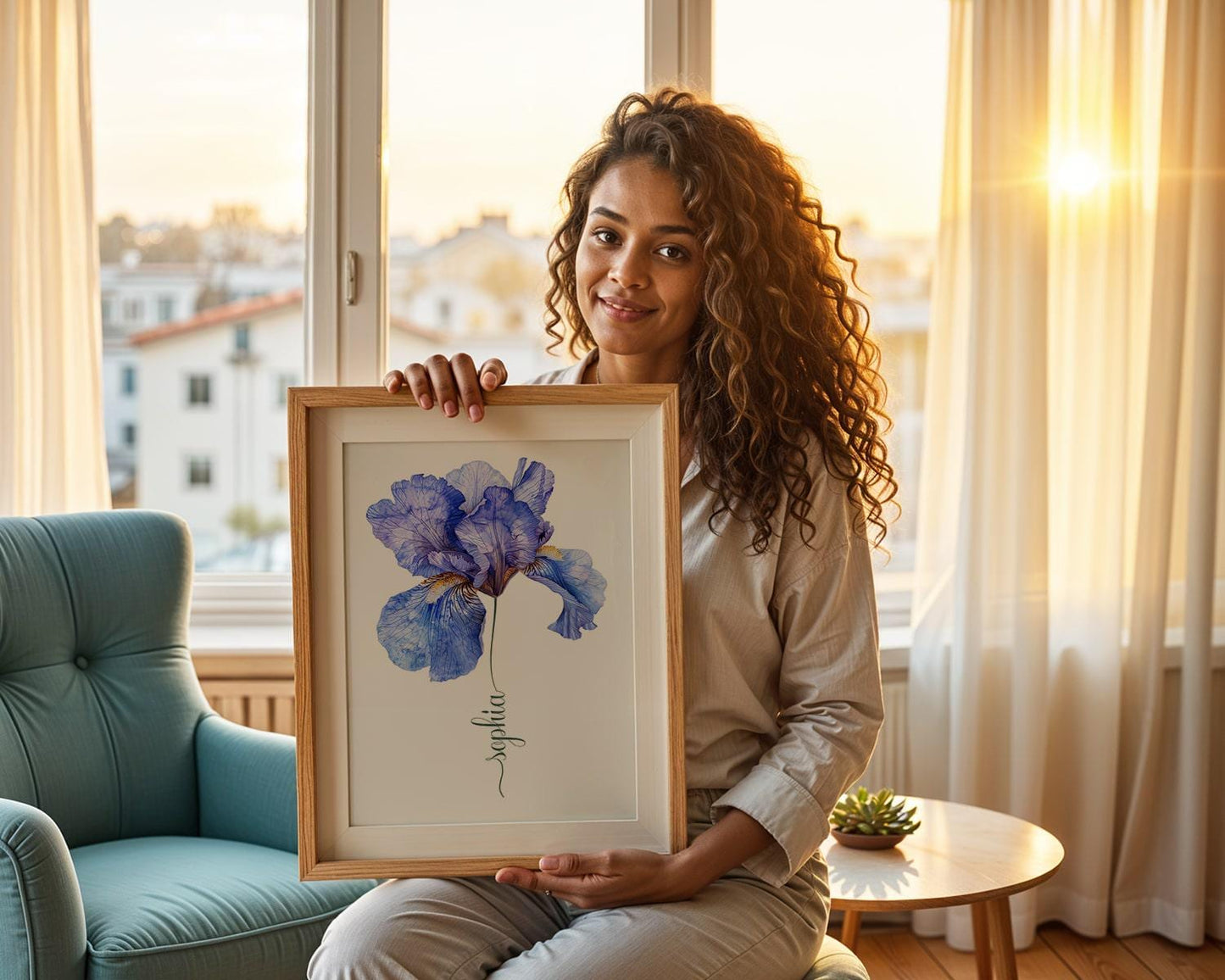 Ornate frame showcasing a stunning blue iris flower artwork personalized with the name Wendy against a teal artistic wall background enhancing room elegance.