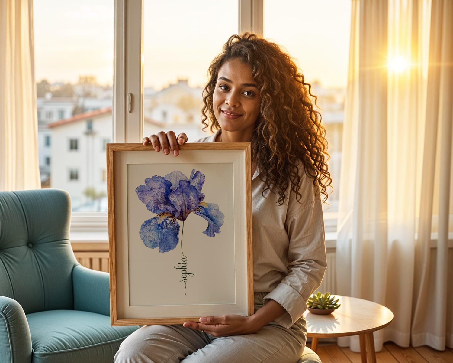 Ornate frame showcasing a stunning blue iris flower artwork personalized with the name Wendy against a teal artistic wall background enhancing room elegance.