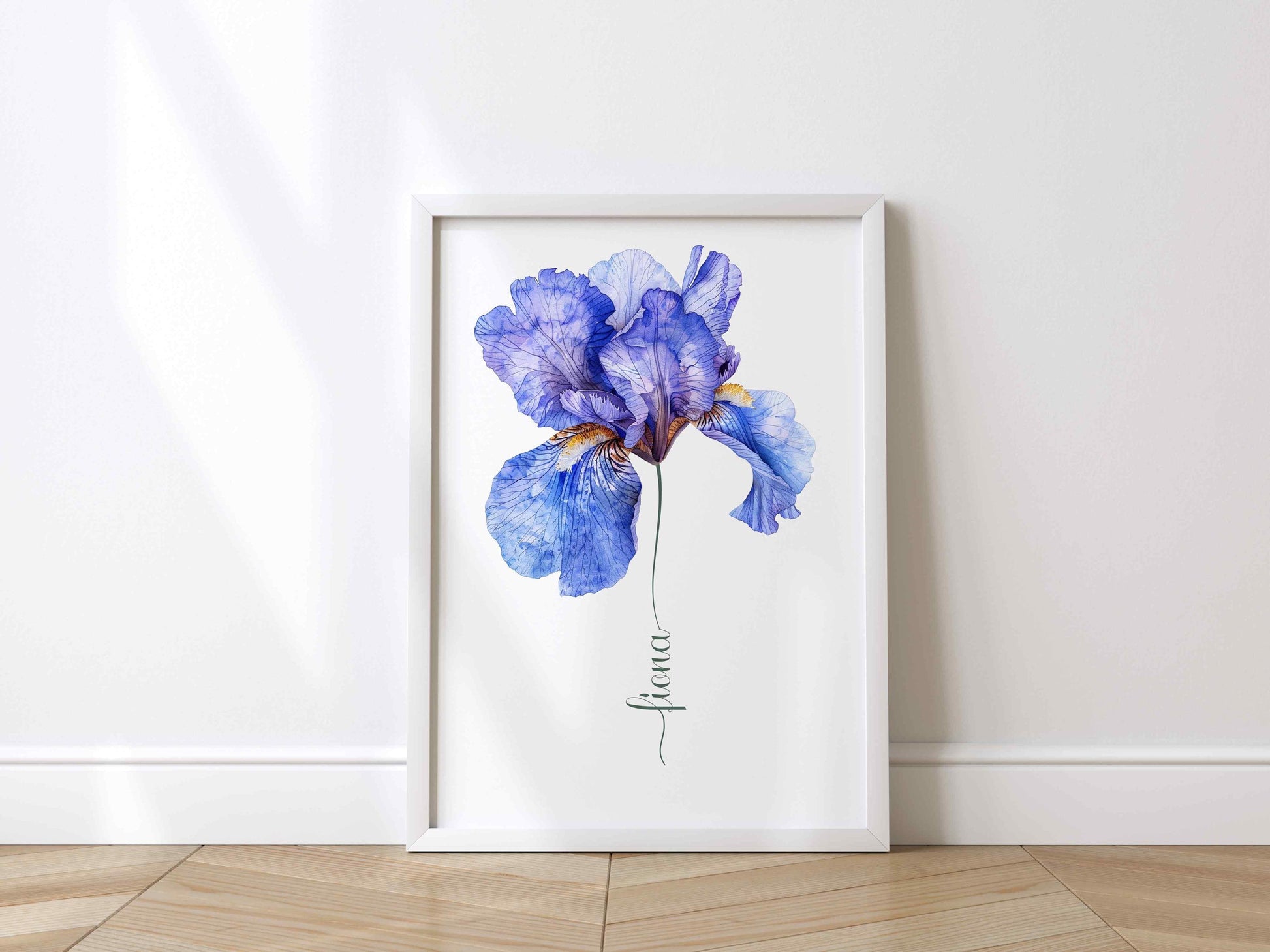 Wooden floor and light decor featuring a framed blue iris flower artwork personalized with the name Harper adding vibrant floral charm.