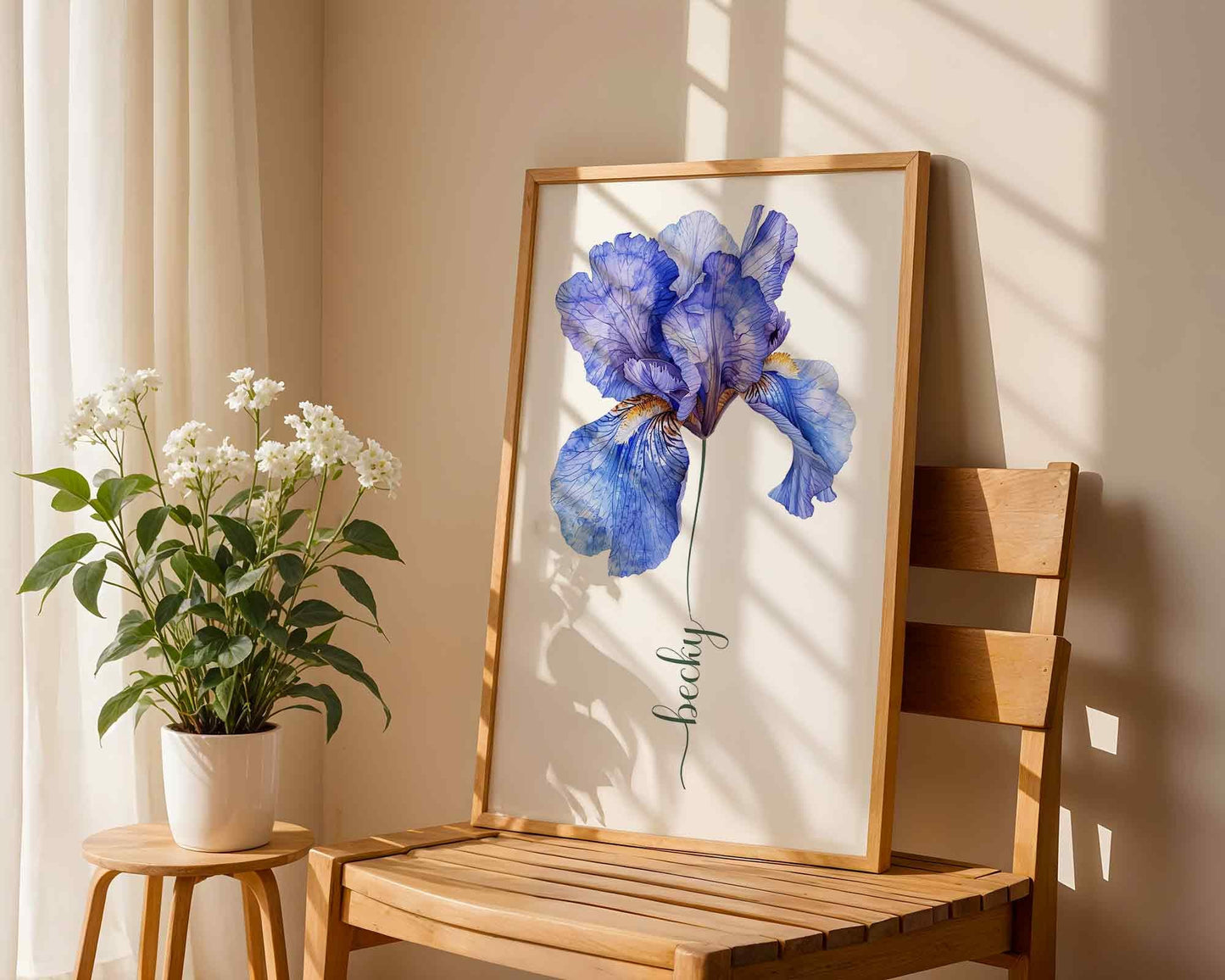 Bookshelf corner decorated with a framed blue iris flower artwork personalized with the name Elizabeth blending floral art with cozy library vibes.