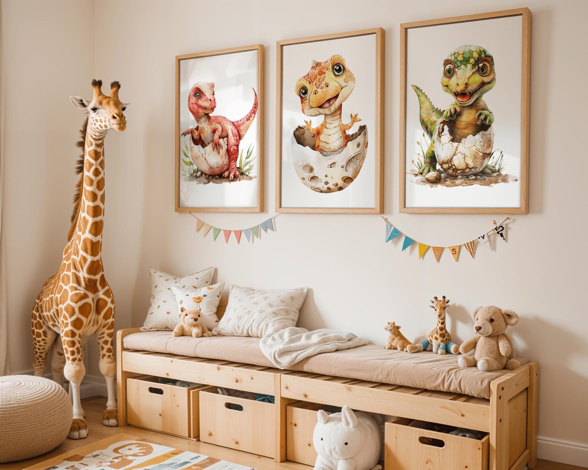 Dino nursery wall art with red, orange, and green baby dinosaurs hatching from eggs, adding charm to nursery decor. Perfect for boys nursery themes.