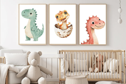 Cute dinosaur nursery wall decor with a green dino, orange baby dino, and red dino print. Great as custom dinosaur print sets for nursery decorations.