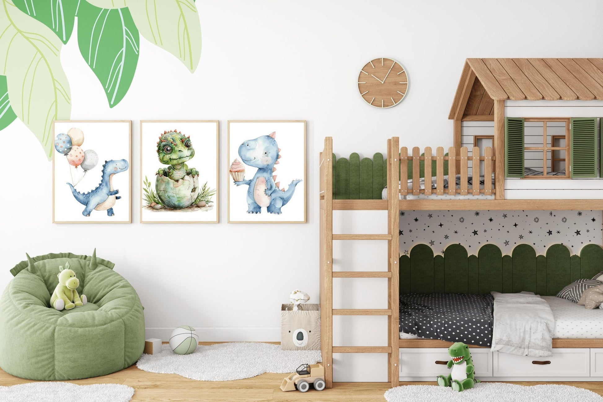 Dinosaur nursery wall art featuring a blue dino with balloons, green hatching dino, and a cupcake-holding blue dino. Adds playful charm to boys nursery themes.