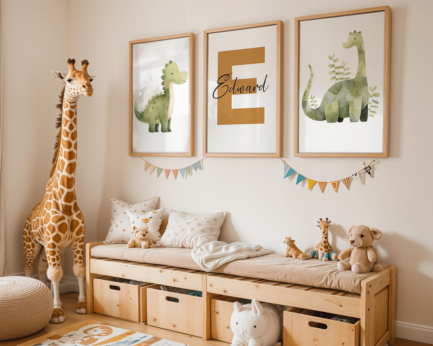 Personalized dinosaur wall decor set with customizable dinosaur designs and name colors. Stylish addition to a boys&#39; nursery or toddler room.