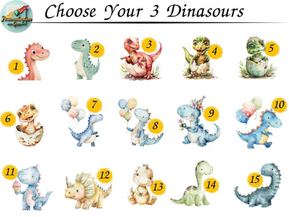 Custom dinosaur name sign options with a selection of 15 vibrant and unique dino designs for personalized nursery wall art.