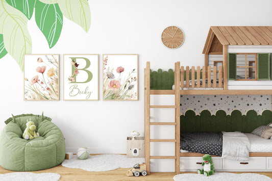 Green-themed kids&#39; room with a bunk bed, bean bag, and vibrant floral wall art personalized with the letter B for Becky.