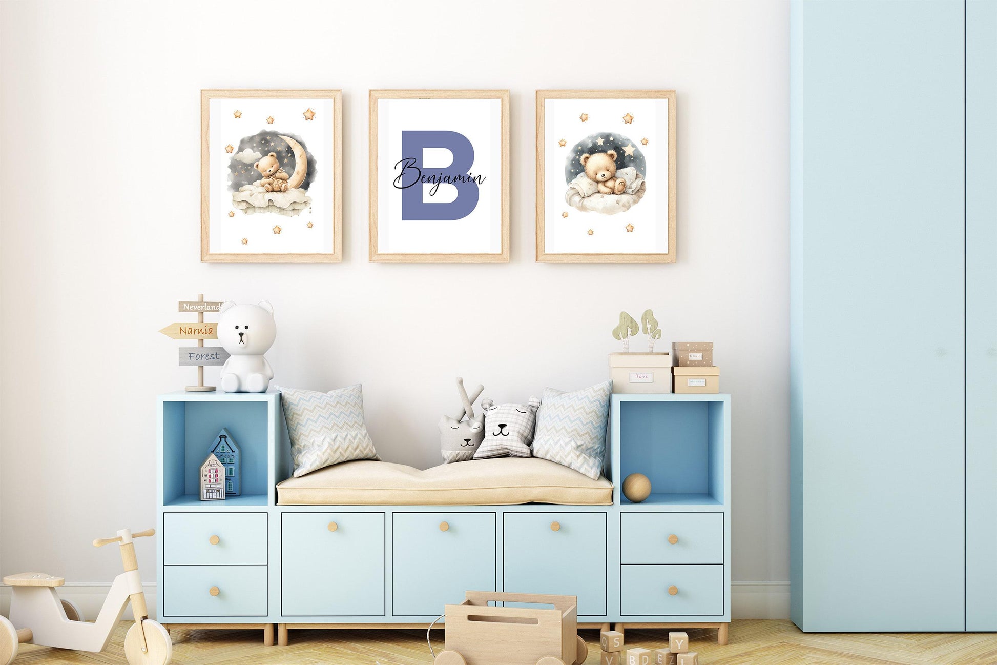 Elegant nursery corner with wicker baskets, a hanging canopy, and teddy bear flower name sign wall art adding a dreamy and cozy touch.