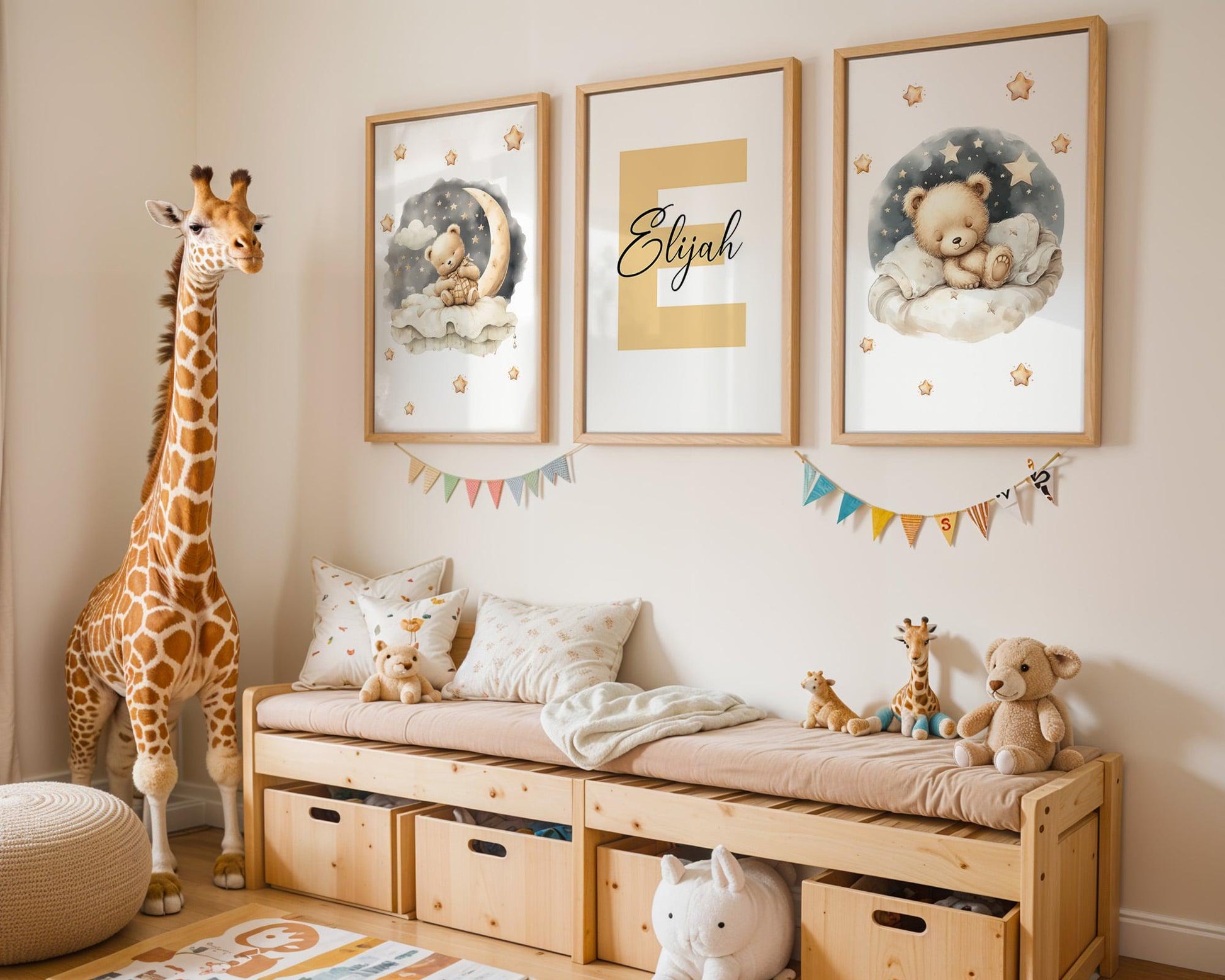 Modern nursery room with pastel blue storage, decorative pillows, and a teddy bear flower name sign wall art creating a charming and peaceful space.