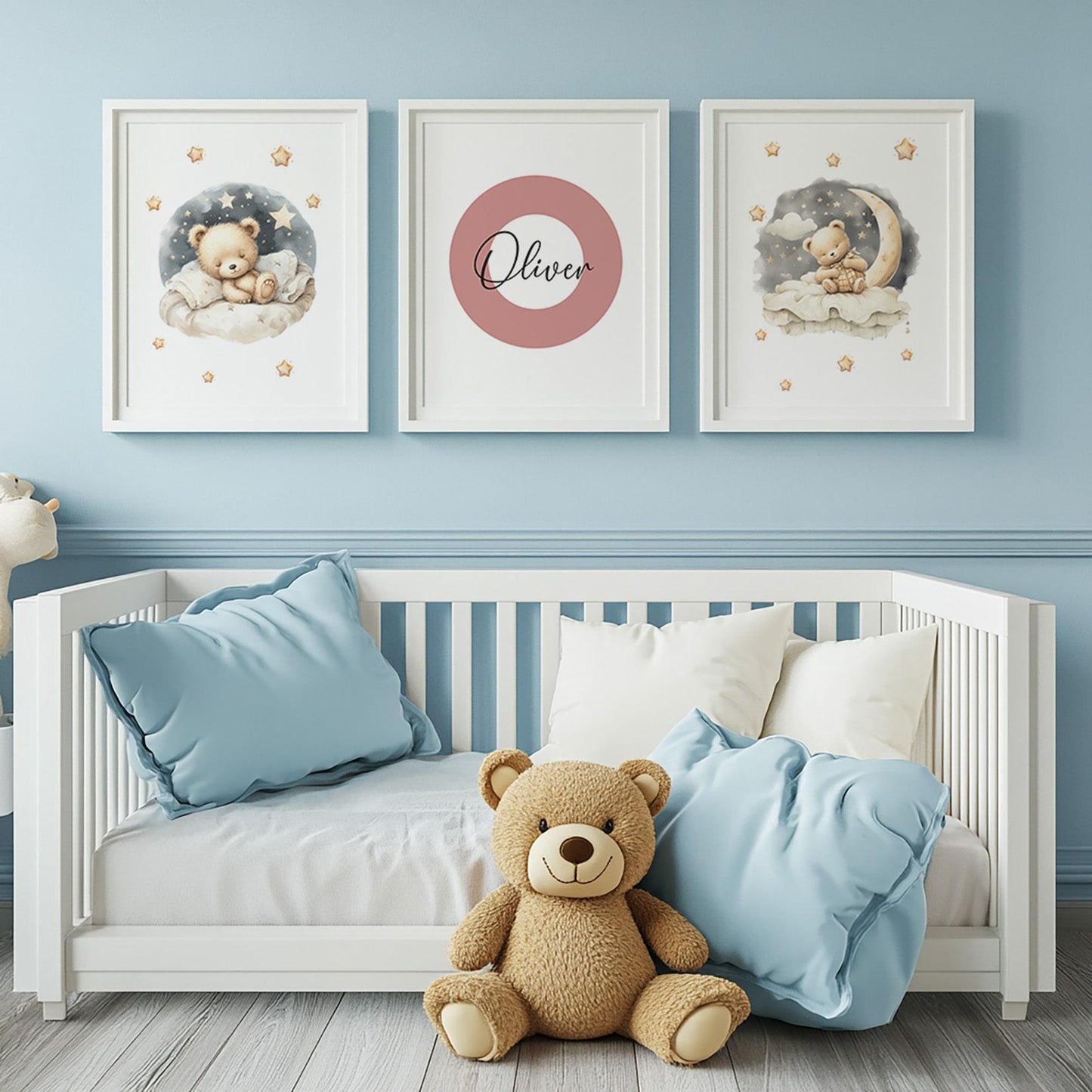 Warm-toned nursery with a wooden bench, plush toys, and teddy bear flower name sign wall art enhancing a whimsical and cozy vibe.