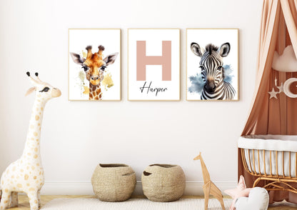 Personalized name wall art with a zebra and giraffe, ideal for safari nursery themes, nursery decore, or a baby shower gift.