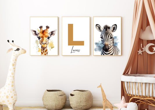 Stylish animal nursery wall art set with zebra and giraffe, personalized with custom name initials, perfect for woodland nursery or safari themes.