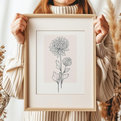 Framed chrysanthemum birth flower print, a lovely custom gift for her to celebrate special memories.