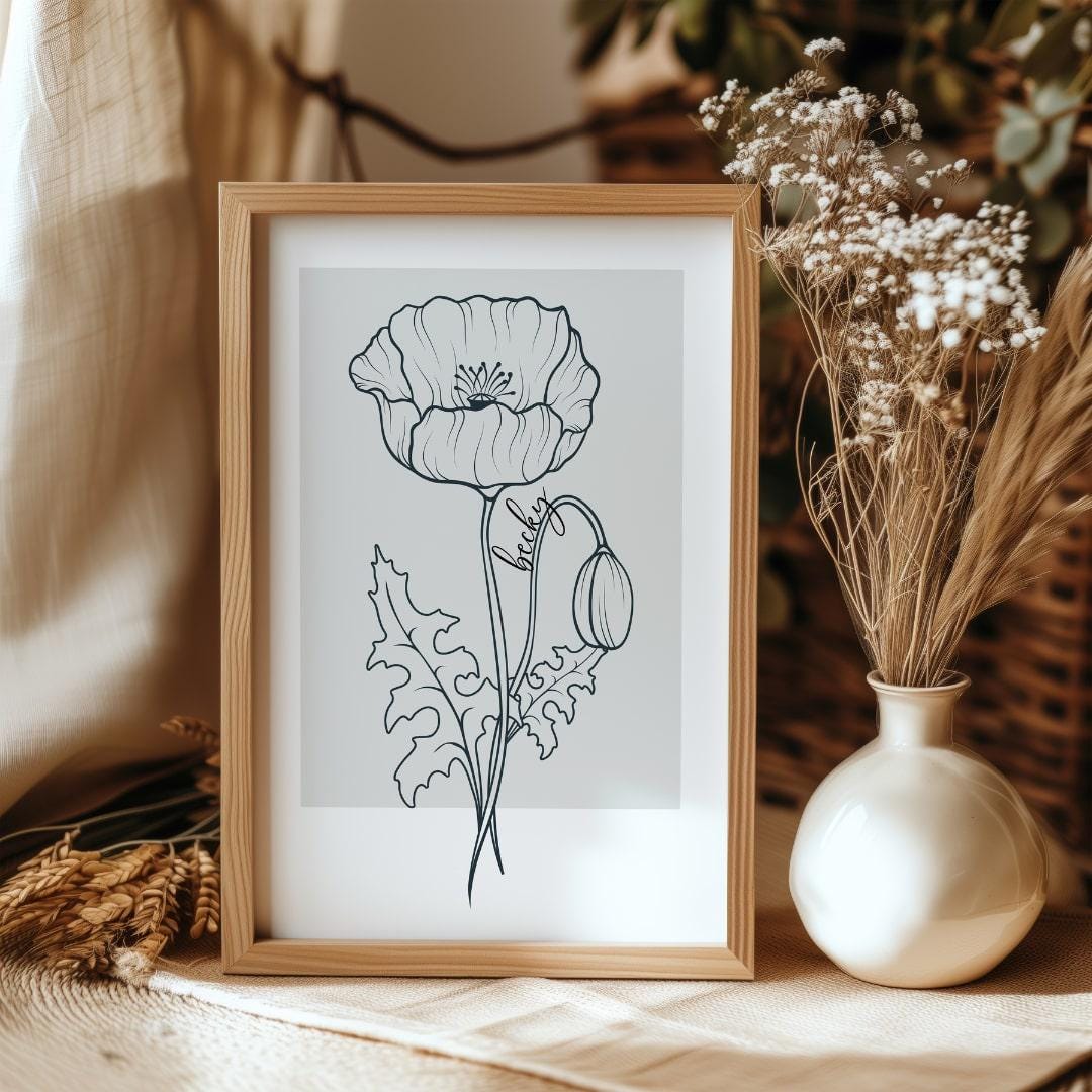 Delicate poppy flower artwork on a neutral background, a unique custom gift for her showcasing timeless floral beauty.