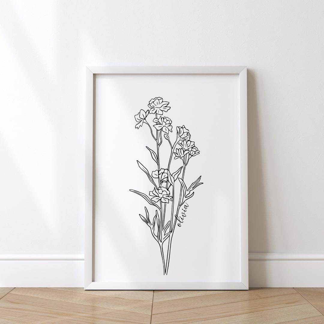 Stunning and unique custom birth flower poster with intricate line art, designed as the perfect custom gift for her special moments.