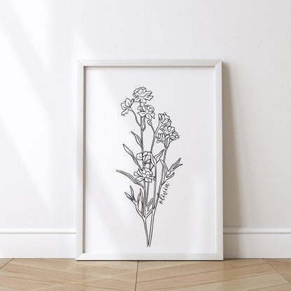 Stunning and unique custom birth flower poster with intricate line art, designed as the perfect custom gift for her special moments.