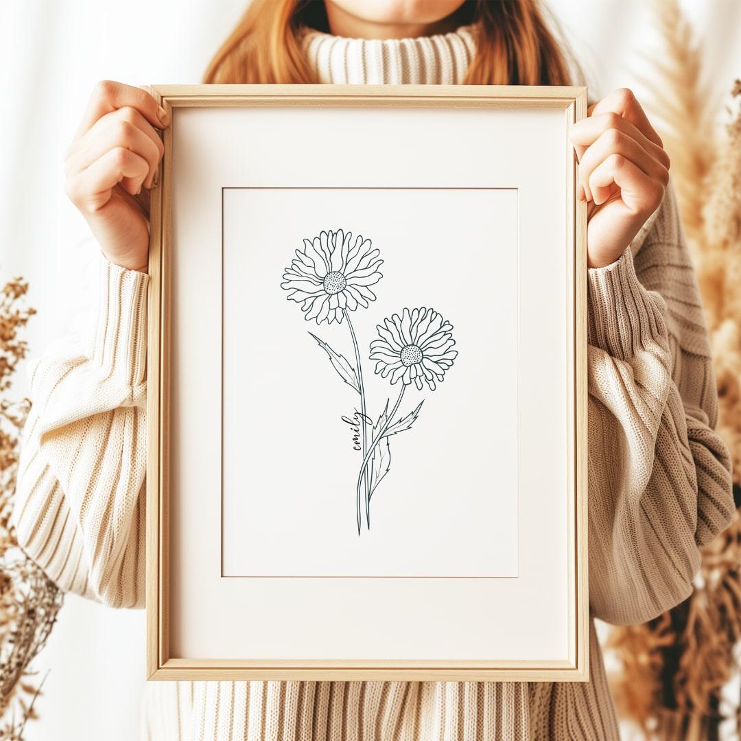 beautifully framed birth month flower illustration showcasing delicate details, perfect as a custom gift for her to cherish forever.A