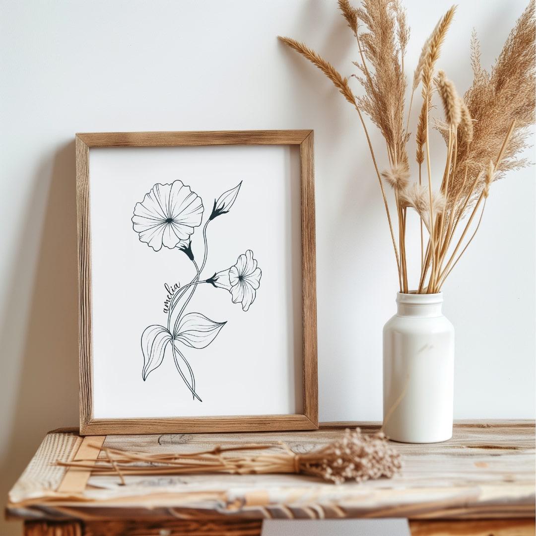 Delicate and modern birth flower poster collection, a meaningful custom gift for her that blends artistry with personal flair.