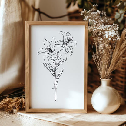 Artistic lily birth flower print with a personalized touch, a thoughtful custom gift for her to celebrate personal connections.