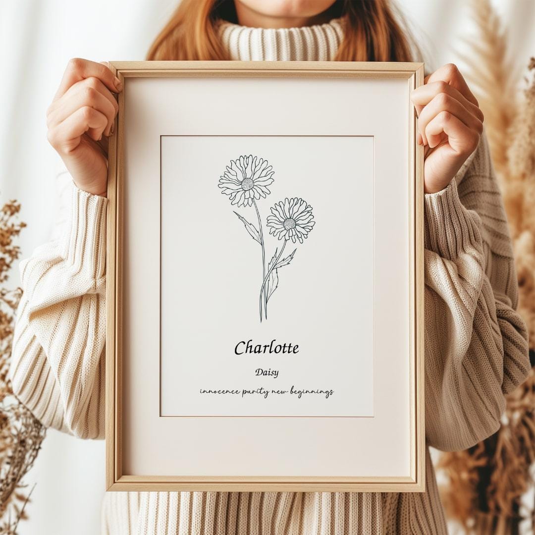 Personalized print featuring a daisy birth flower design with symbolic words and an elegant name integration. Ideal for mom birth flower gifts.