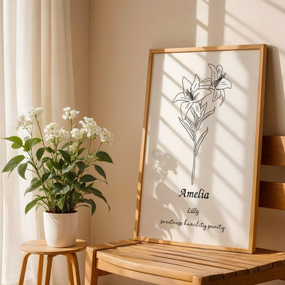 Custom birth flower print showcasing a lily design, symbolic words, and personalized name. Great mom birth flower gift idea.