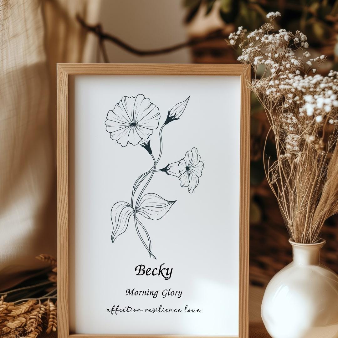 Morning glory birth flower print with symbolic words and personalized details. A beautiful mom birth flower decor piece.