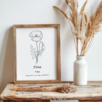 Poppy birth flower print with symbolic words and personalized name details, creating an ideal mom birth flower gift.