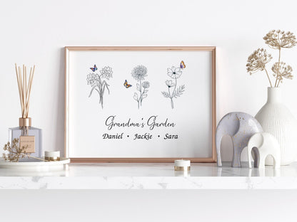 Beautiful family birth flower poster with custom names and a sentimental touch, a thoughtful and cherished grandma gift.