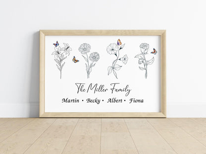 Stylish and elegant family flower art print showcasing birth month flowers with family names, a creative grandma gift idea.