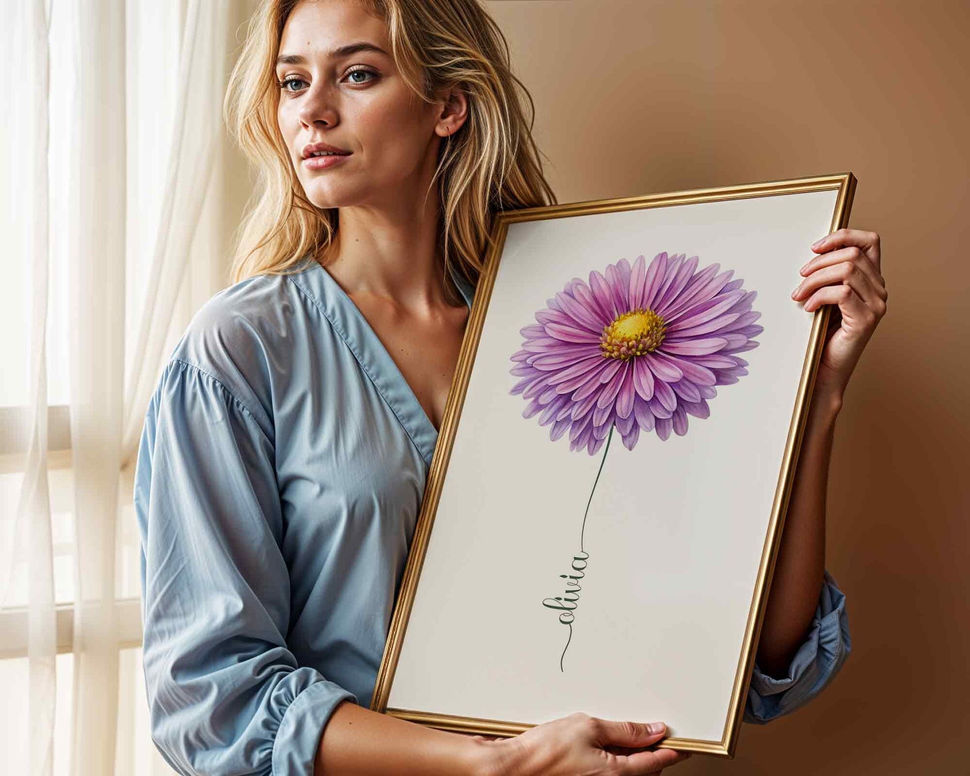 A framed purple daisy flower print on a wooden floor, a simple and elegant flower name sign for personalized interior design.