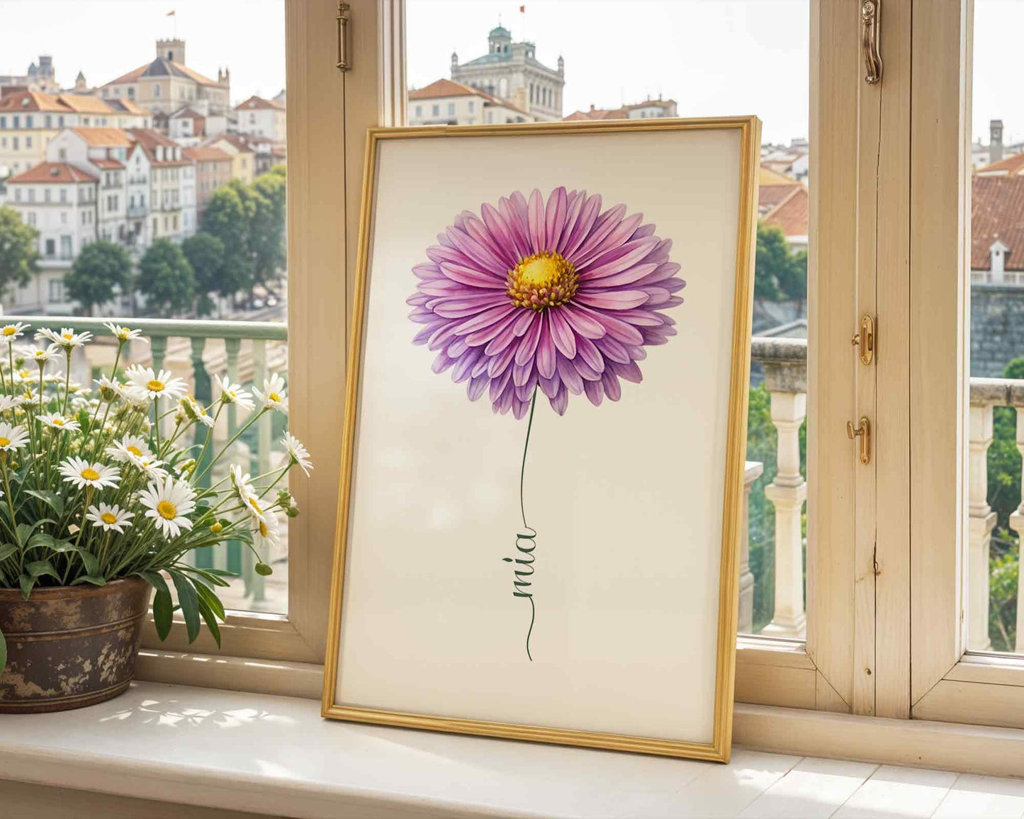 A framed purple daisy artwork on a wooden chair next to a plant, highlighting a personal flower name sign for cozy spaces.