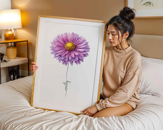 A woman sitting on a bed holding a framed purple daisy flower print, perfect for personalizing interiors with a flower name sign.