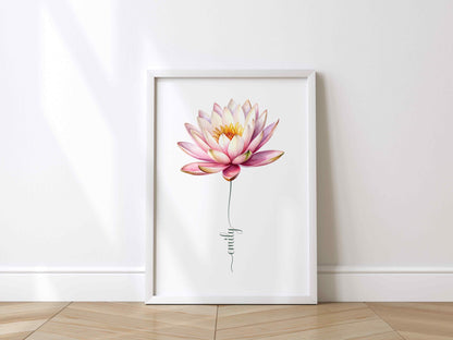 A woman holding a pink lotus flower name sign in a golden frame, perfect for personalized home decoration ideas.