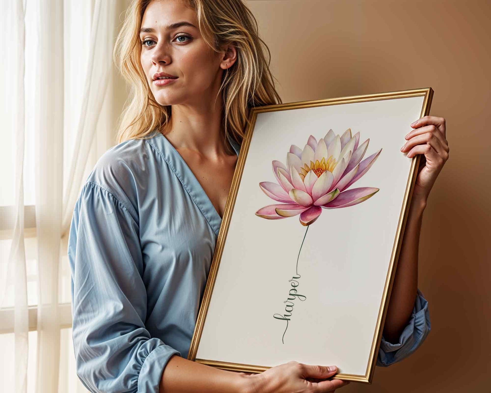 A framed lotus flower name sign sitting on a chair, surrounded by natural light and a potted plant, ideal for gift ideas.