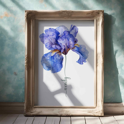 Framed artwork of a vibrant blue iris flower in a sunlit window with cityscape in the background personalized with the name Mia perfect for wall decor and unique gift ideas.