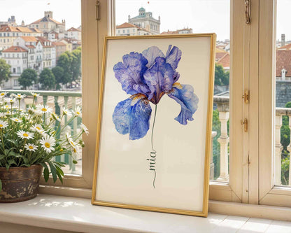 Wooden chair by a sunlit window adorned with a framed blue iris flower artwork personalized with the name Becky ideal for warm and welcoming spaces.